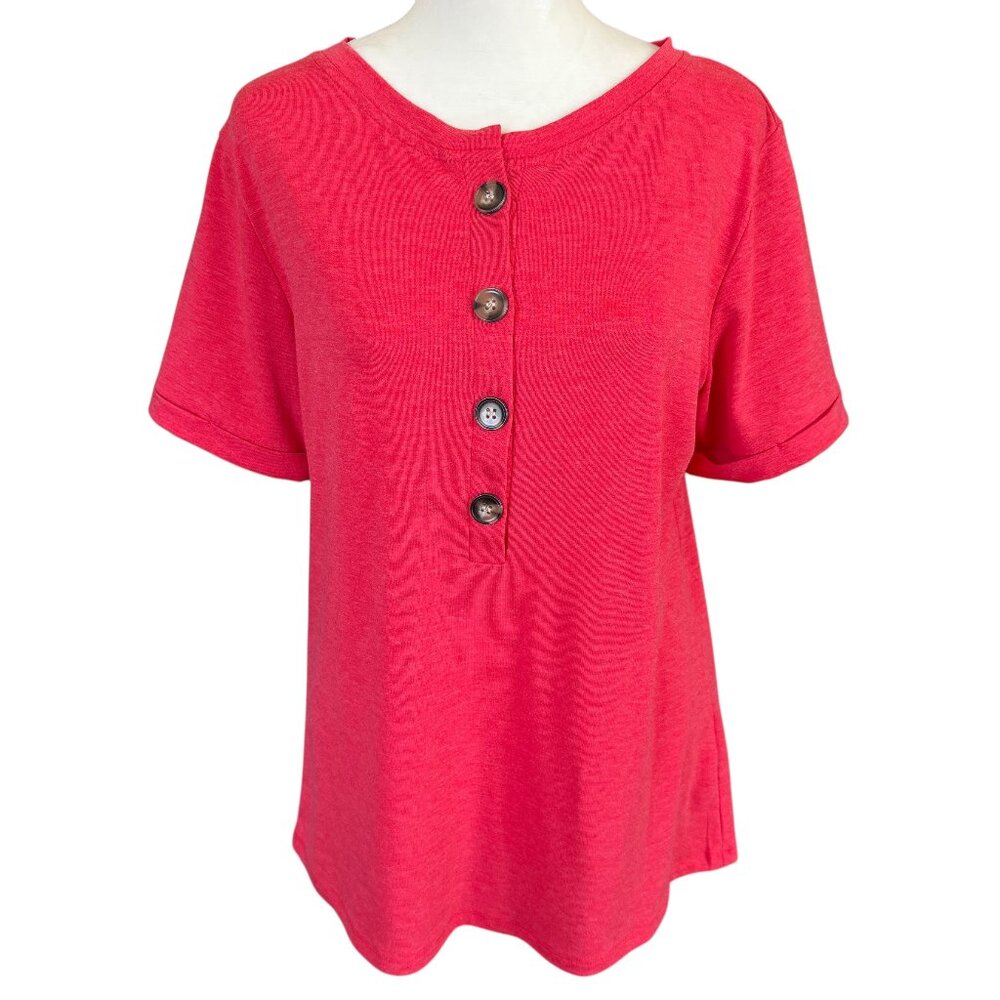 Eadinve red short cuffed sleeve crewneck stretchy button front shirt size small
